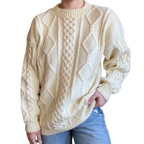 Vintage Womens Hand Knit White Fisherman Crew Oversized Winter Chunky Sweater XL - Picture 7 of 7